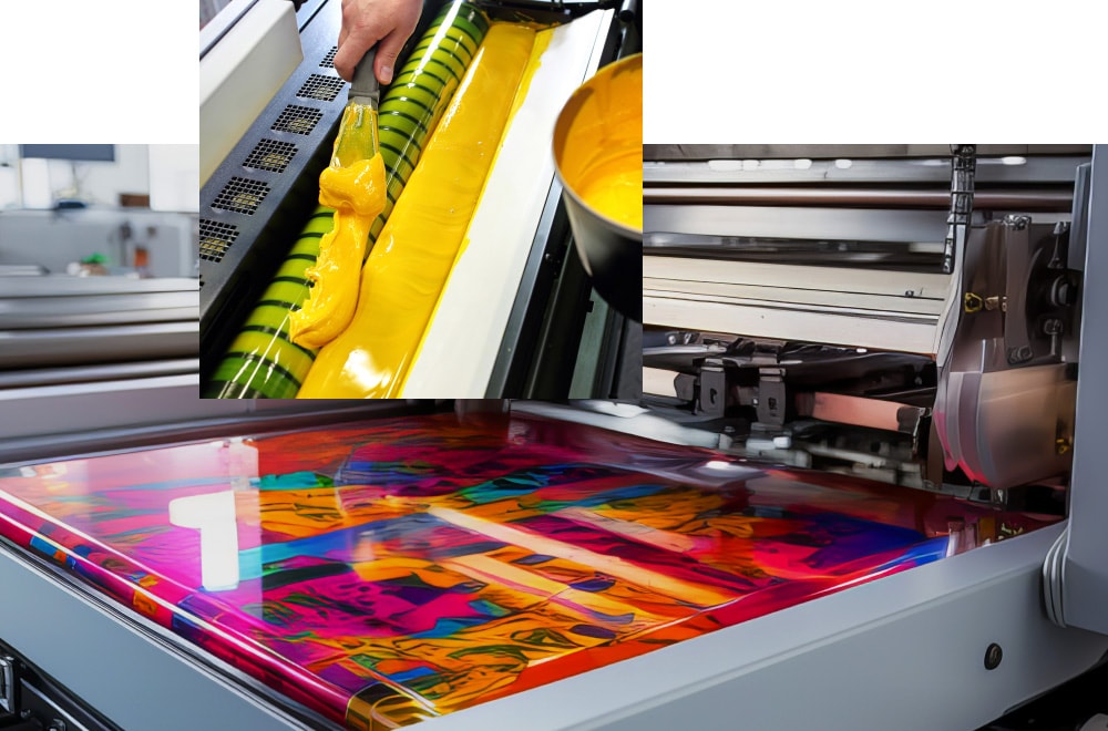 印刷機のローラーに乗せられた鮮やかな黄色のインクと、カラフルな印刷物