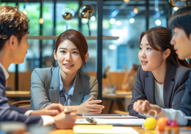 笑顔でミーティングをする若いスタッフのイメージ