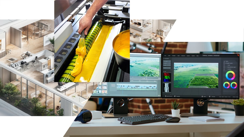 大型印刷機の稼働風景と、PCでのデザイン作業風景