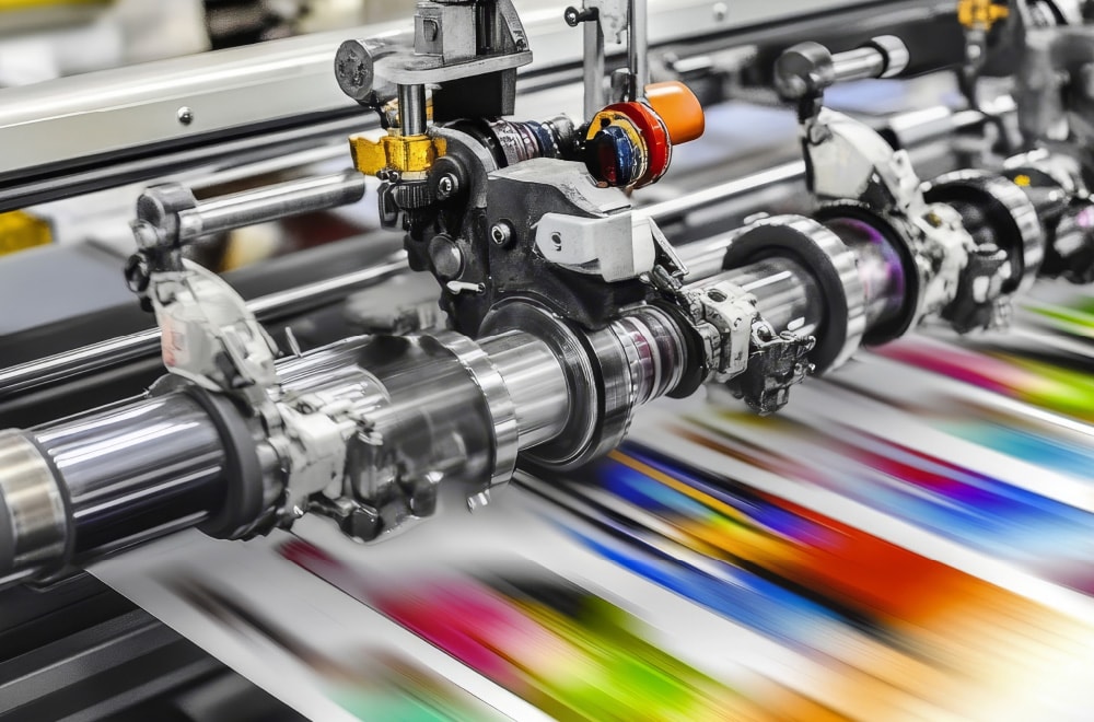 ロール紙が高速で送られ、次々と印刷されていく大型の印刷機