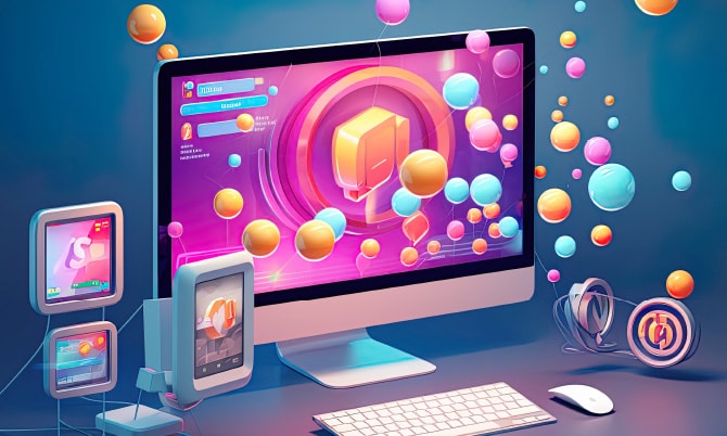 カラフルなデジタルグラフィックが映し出されたパソコンモニターとスマートフォンのイメージ