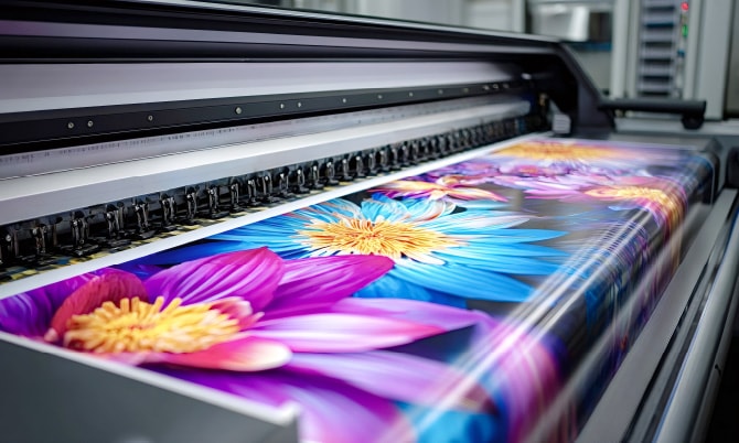色鮮やかなデザインを大判サイズで出力している印刷機